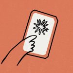 An illustration that shows the logo for Anthropic displayed on a smartphone screen with a hand reaching to touch it