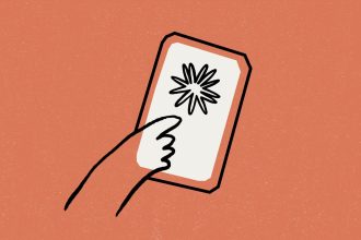 An illustration that shows the logo for Anthropic displayed on a smartphone screen with a hand reaching to touch it