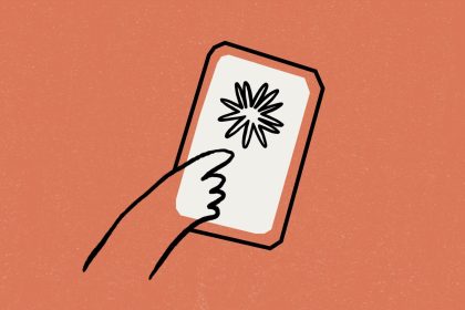 An illustration that shows the logo for Anthropic displayed on a smartphone screen with a hand reaching to touch it