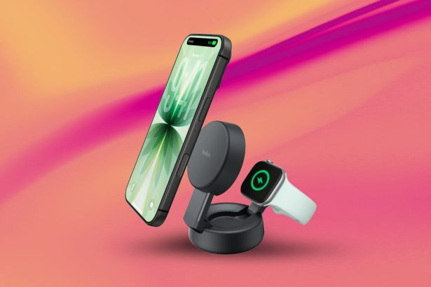 A phone and smartwatch charging stand on a stylish background.