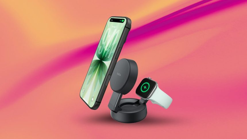 A phone and smartwatch charging stand on a stylish background.