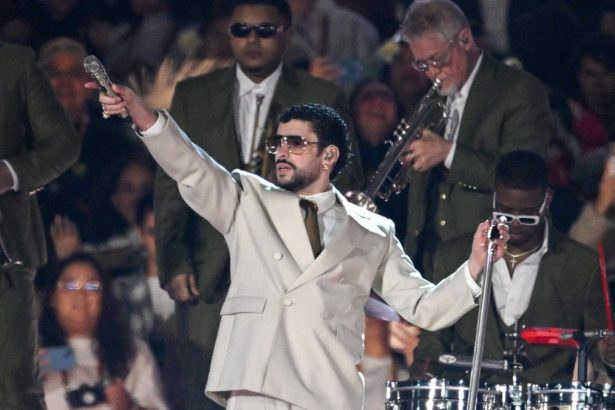 Bad Bunny poses for a Super Bowl Halftime Show promo.