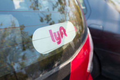 Sticker for Lyft on the back of a Lyft ride sharing vehicle in the Silicon Valley town of Santa Clara, California, August 17, 2017. (Photo via Smith Collection/Gado/Getty Images).