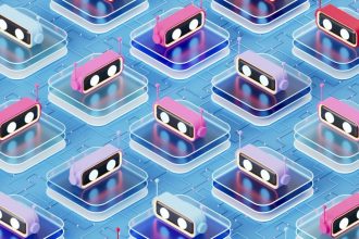 AI Chatbot Assistants on Glass Blocks, Artificial Intelligence Technology Concept. Digitally generated image. 3d render.