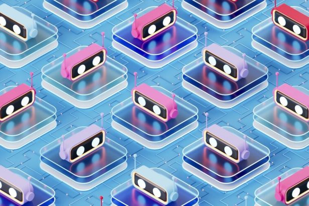 AI Chatbot Assistants on Glass Blocks, Artificial Intelligence Technology Concept. Digitally generated image. 3d render.